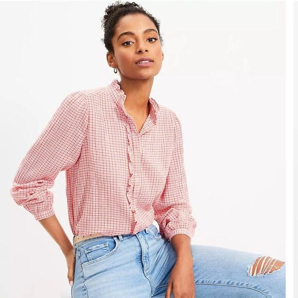 NEW Ann Taylor Loft Plaid Ruffle Long Sleeve Button Down Shirt Size M - Picture 1 of 3